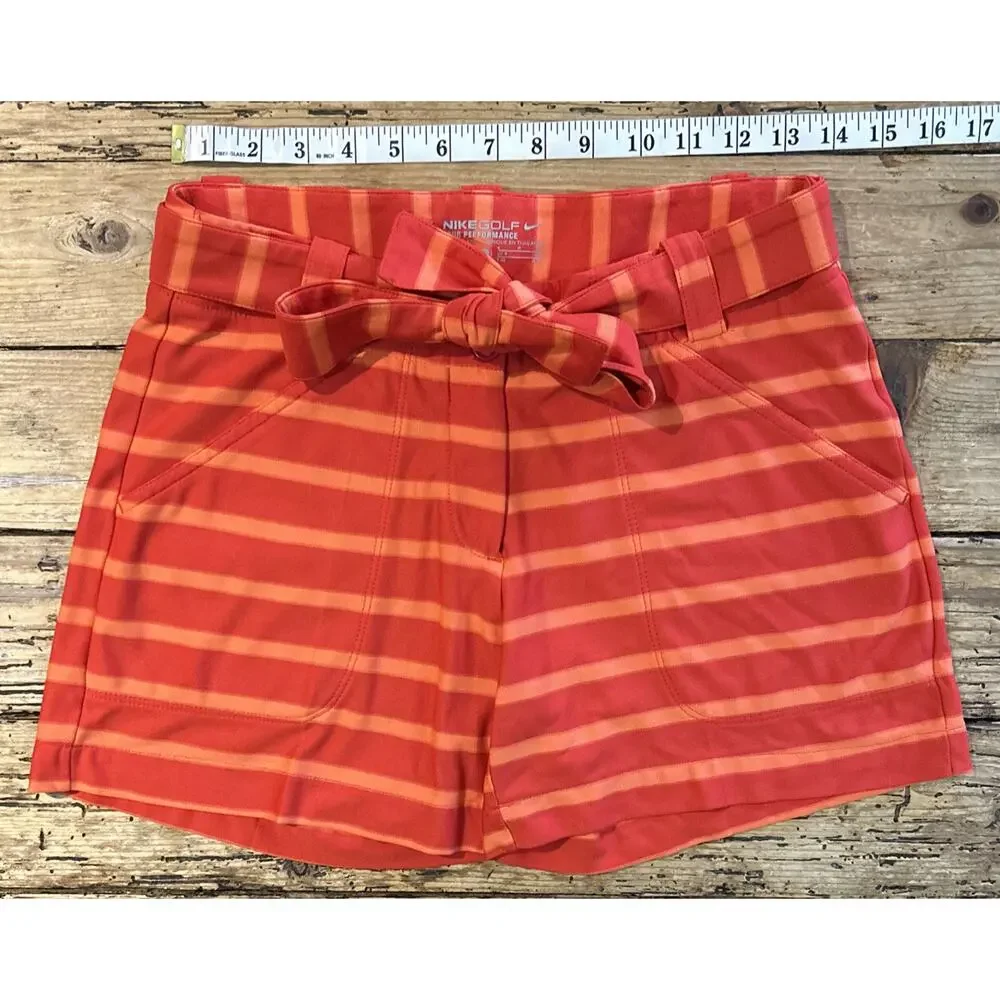Nike Golf Women’s Orange Striped Tie Waist Gold Shorts Size 4